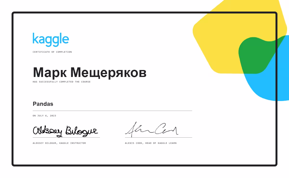 Сертификат Kaggle "Pandas"